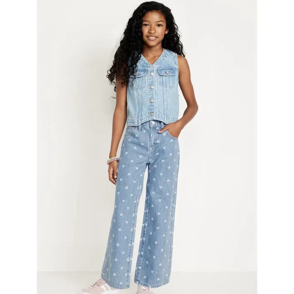 Old Navy Heart Printed High Waisted Baggy Wide Leg Girls Jeans Pants Size 14